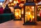 Glowing candle lantern and christmas decorations