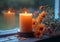 Glowing candle on a rustic wooden surface accompanied by vibrant orange daisies, evoking a sense of peaceful warmth