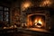 Glowing candles and a warm fireplace creating a cozy holiday ambiance. Christmas tree and other decorations at night. AI