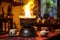 glowing charcoal stove heating coffee in jebena