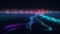 Glowing city and neon lines on water. Generative AI