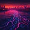 Glowing city and neon lines on water. Generative AI