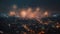 Glowing city skyline ignites celebration with fireworks generated by AI