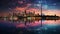 Glowing cityscape reflects in water at dusk generated by AI