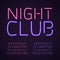 Glowing club font. Purple and pink neon lamps letters and numbers, fluorescent bright light typescript, retro shining