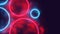 Glowing colored round frames, circular red and blue neon rays in smoke, cyber background with copy space, cyberpunk futuristic