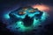 Glowing colorful bioluminescent oceanic island cluster