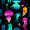 Glowing colorful jellyfish on black background - seamless pattern.