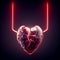 Glowing cyber heart. Neon cybernetic heart. Stylized abstract glowing heart. 3D Digital illustration. AI-generated