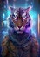 A glowing cybernetic tiger in a neon-lit dystopia.