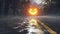 Glowing in the dark pumpkin, dark forest, Halloween celebration. Night landscape with mystical fog, rainy road, glowing