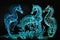 Glowing in the dark sea horses, created with Generative AI technology