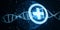 glowing DNA helix, globe and healthcare cross hologram on background. Medicine and bioengineering concept. 3D Rendering