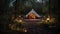 Glowing dome tent illuminates tranquil forest night generated by AI