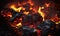 Glowing embers in a dark charcoal grill, capturing the intense heat of burning coals, ready for a barbecue under the night sky