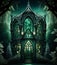 glowing emerald fairytale palace in dark wood