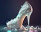 Glowing floating luminous crystal stars and crystalline candy of high-heeled shoes. Generative Ai