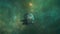 Glowing Futuristic Spacecraft Entering Nebula Cloud. Cosmic Art, Outer Space
