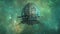 Glowing Futuristic Spacecraft Leaving Nebula Cloud. Cosmic Art, Outer Space