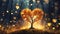 Glowing golden heart-shaped tree on meadow. Fantasy forest. Love, Valentine\\\'s Day, romantic