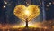 Glowing golden heart-shaped tree on meadow. Fantasy forest. Love, Valentine\\\'s Day, romantic