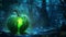 Glowing green apple melting in fantasy forest at night