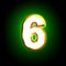 Glowing green number 6 of polished font of white and yellow colors isolated on black background - 3D illustration of symbols