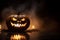 Glowing Grins of Halloween Close-Up View of Scary Pumpkin with Sinister Eyes for Spooky Party Nights. created with Generative AI