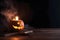 Glowing Halloween pumpkins on table, Generative AI