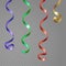 Glowing hanging curl serpentine. Red blue green golden color New Year Christmas decoration design element streamer