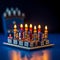 Glowing Hanukkah Menorah with Dreidels on Blue Background