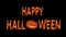 Glowing happy halloween title animation. Spooky laughing Pumpkin flying towards camera, forming the o of Halloween, then flying in