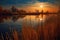 glowing harvest moon reflecting on a calm lake