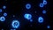 Glowing holographic image of coronavirus like covid-19 virus or influenza virus flies in air or float smoothly on black
