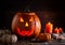 Glowing Jack O Lantern and Burning Candles