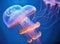 glowing jellyfish chrysaora pacifica underwater. Closeup. Generative AI