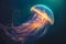 Glowing jellyfish in deep blue sea generative AI