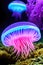 Glowing jellyfish deep underwater, beautiful bioluminescent jellyfish background. Generative AI