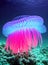 Glowing jellyfish deep underwater, beautiful bioluminescent jellyfish background. Generative AI