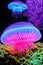 Glowing jellyfish deep underwater, beautiful bioluminescent jellyfish background. Generative AI