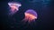 Glowing jellyfish floating in a dark, underwater abyss