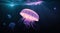 Glowing jellyfish floating in a dark, underwater abyss