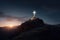 Glowing Jesus Christ Cross On Top Of A Mountain At Dawn