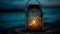 Glowing lantern illuminates old fashioned candle on sand generated by AI