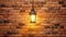 Glowing lantern illuminates rustic brick wall in dark outdoor space generated by AI