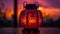 Glowing lantern illuminates rustic pumpkin decoration at dusk generated by AI