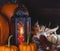 Glowing Lantern With Pumpkins and Corn