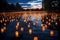 glowing lanterns dispersed over a still lake