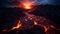 Glowing lava flows in a volcanic eruption at night