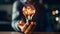 Glowing light bulb business man floating on his hand, innovative ideas concept. Generative Ai Illustration